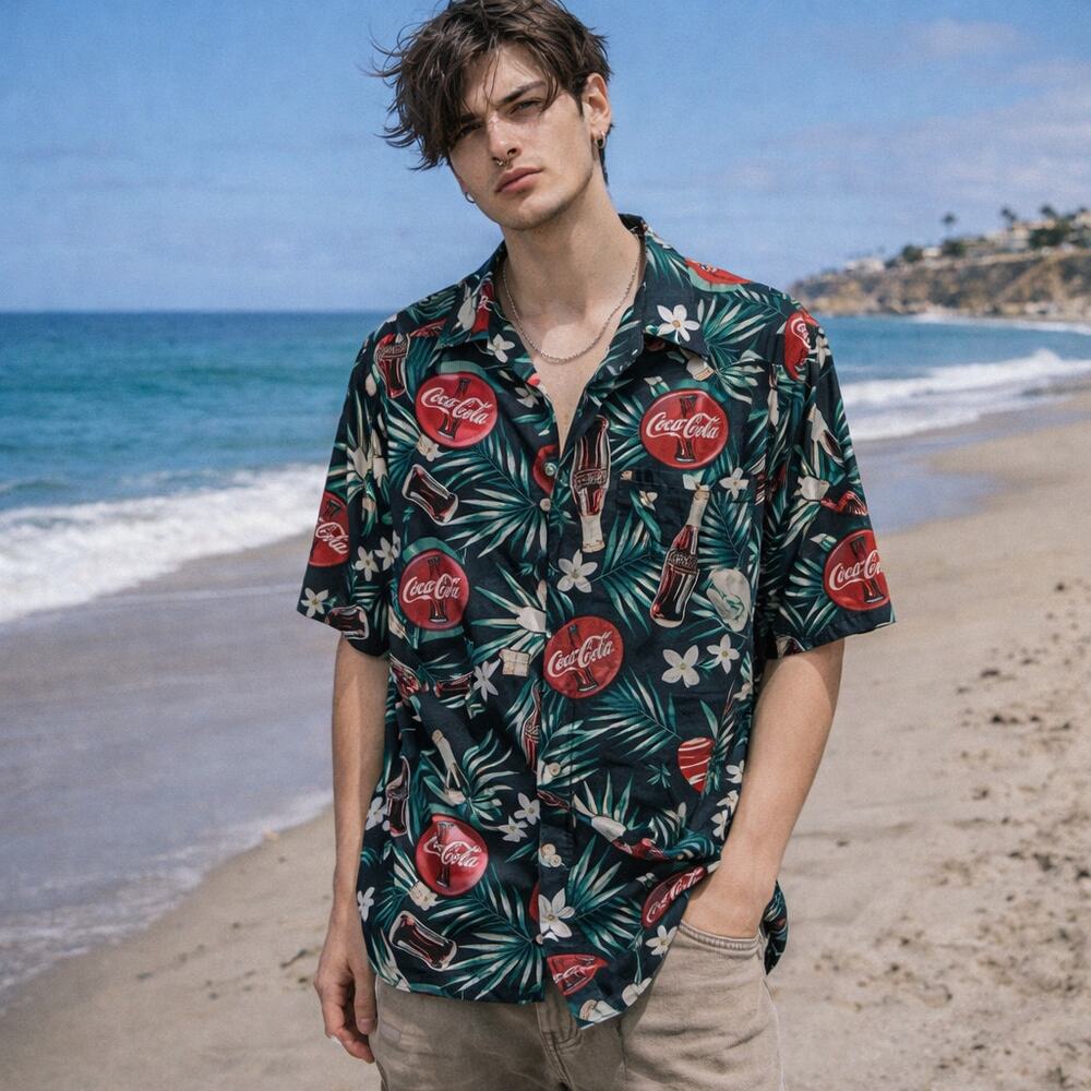 Enjoy Coca Cola Button-Up Hawaiian Shirt Mens Size S Cabana Tropical Lightweight